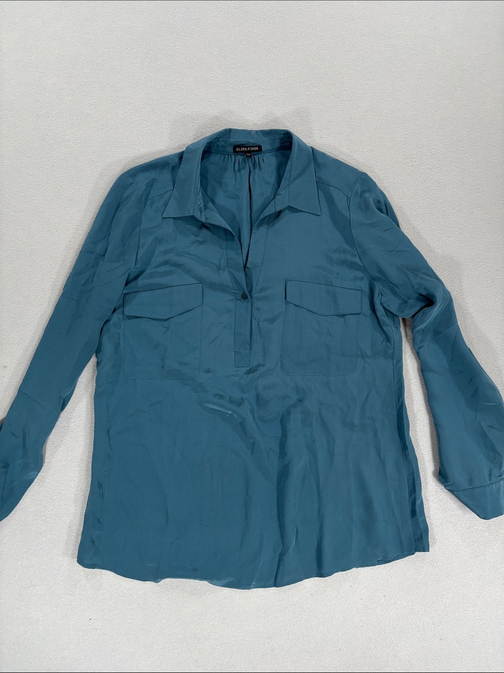 Eileen Fisher Teal Long-Sleeve Silk Utility Blouse